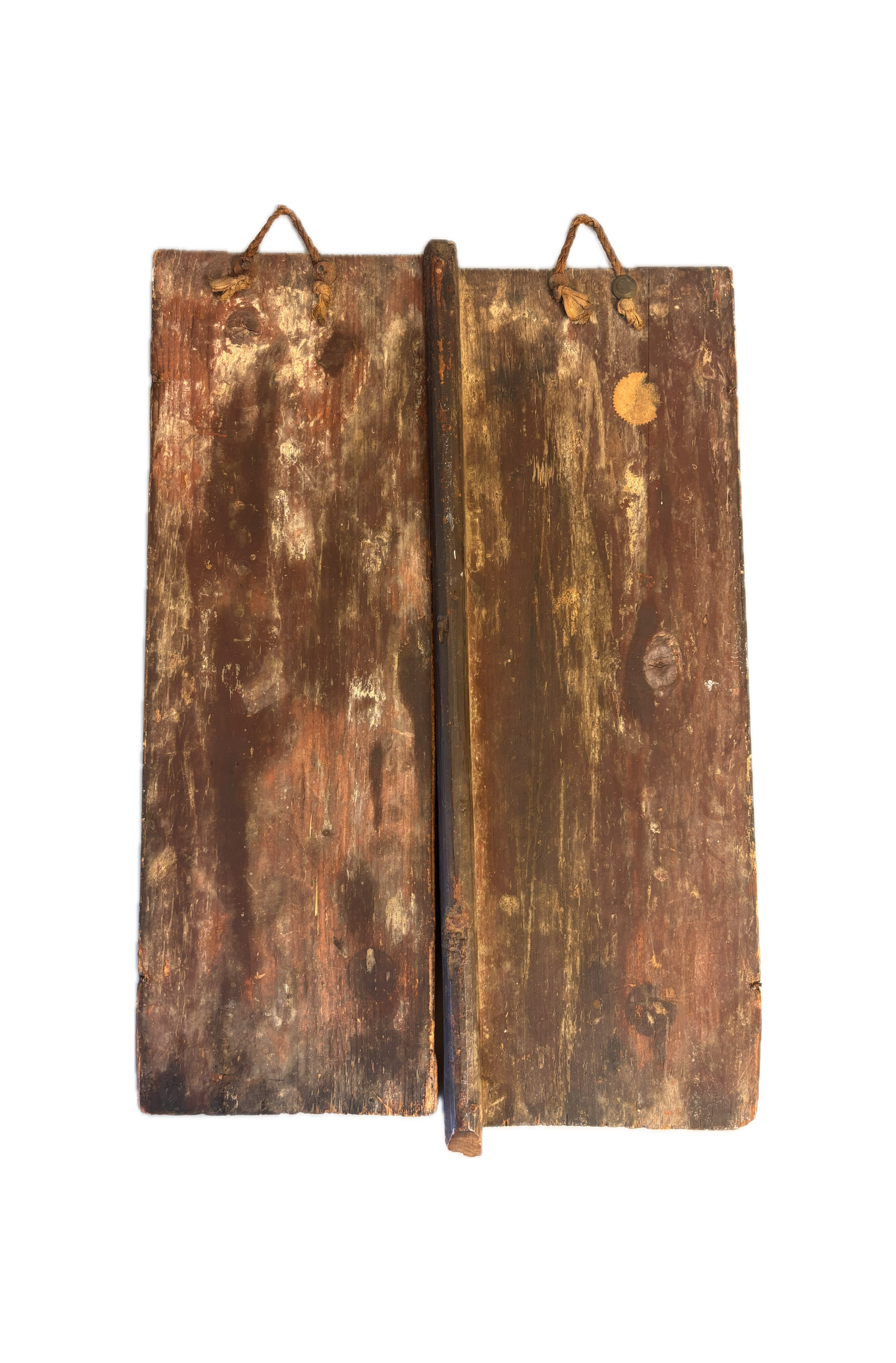 Pair of aged wooden plaques with a dark brown and black coloration.