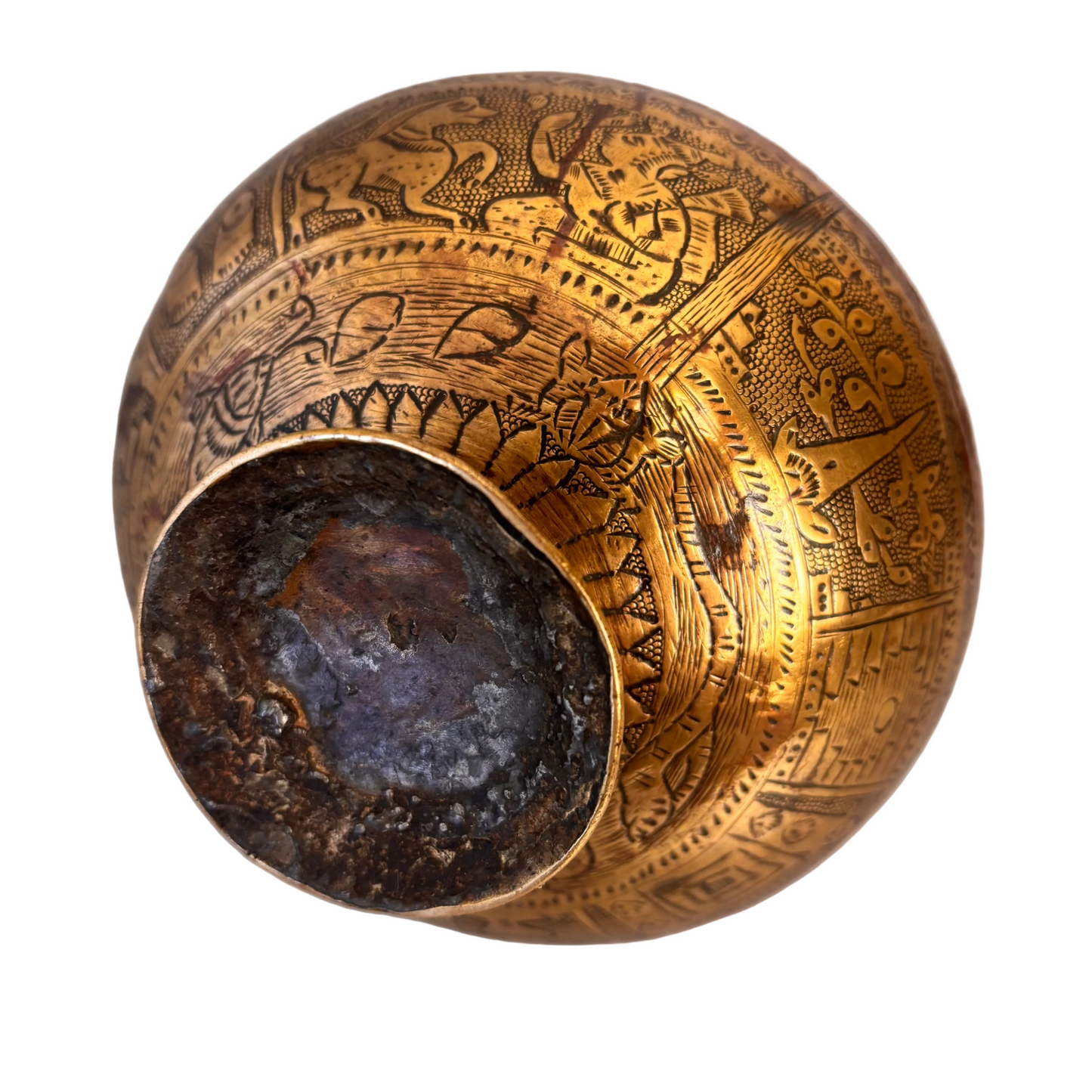 Base of antique Indian brass chambu lota with patina