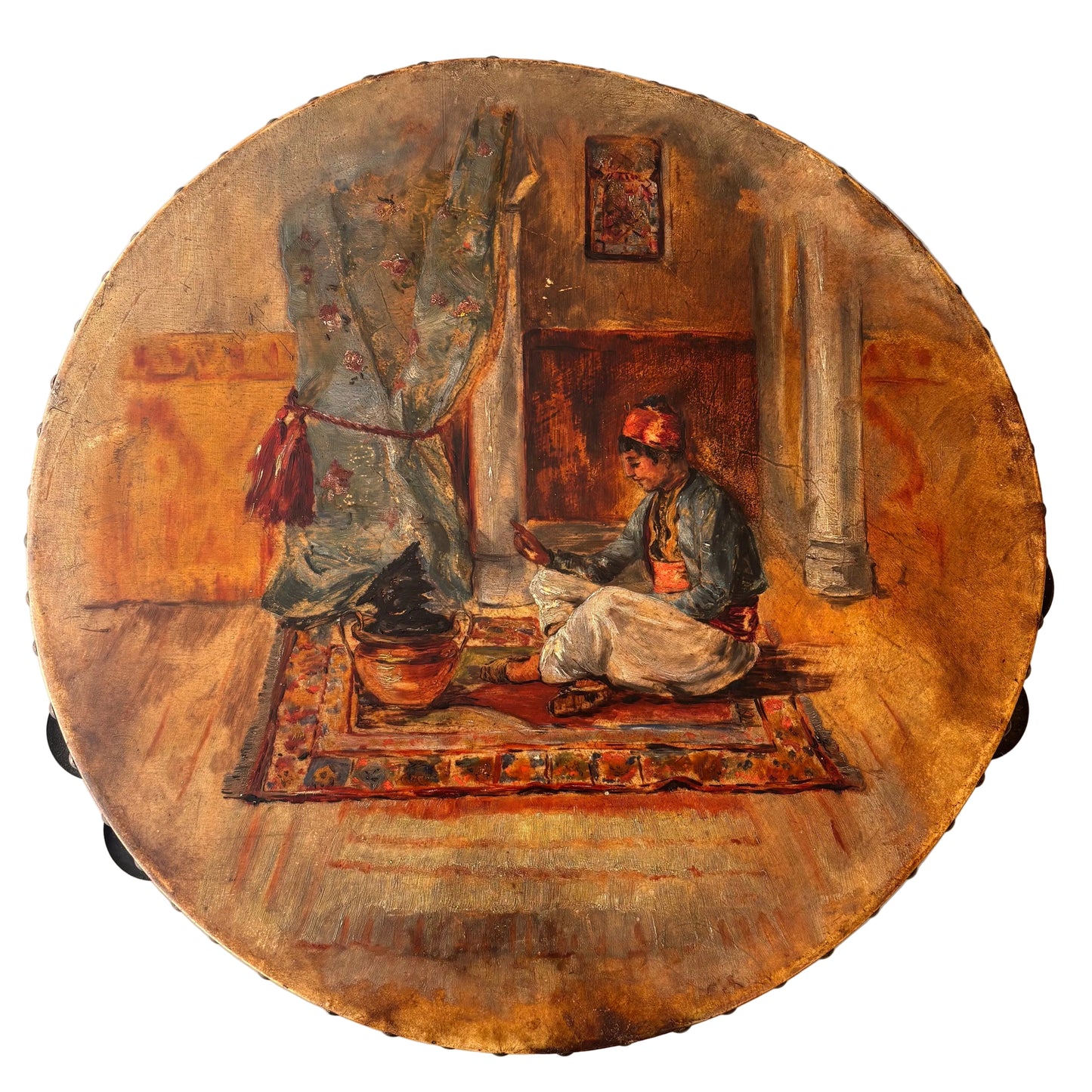 Detail of aged paint and patina on natural skin membrane