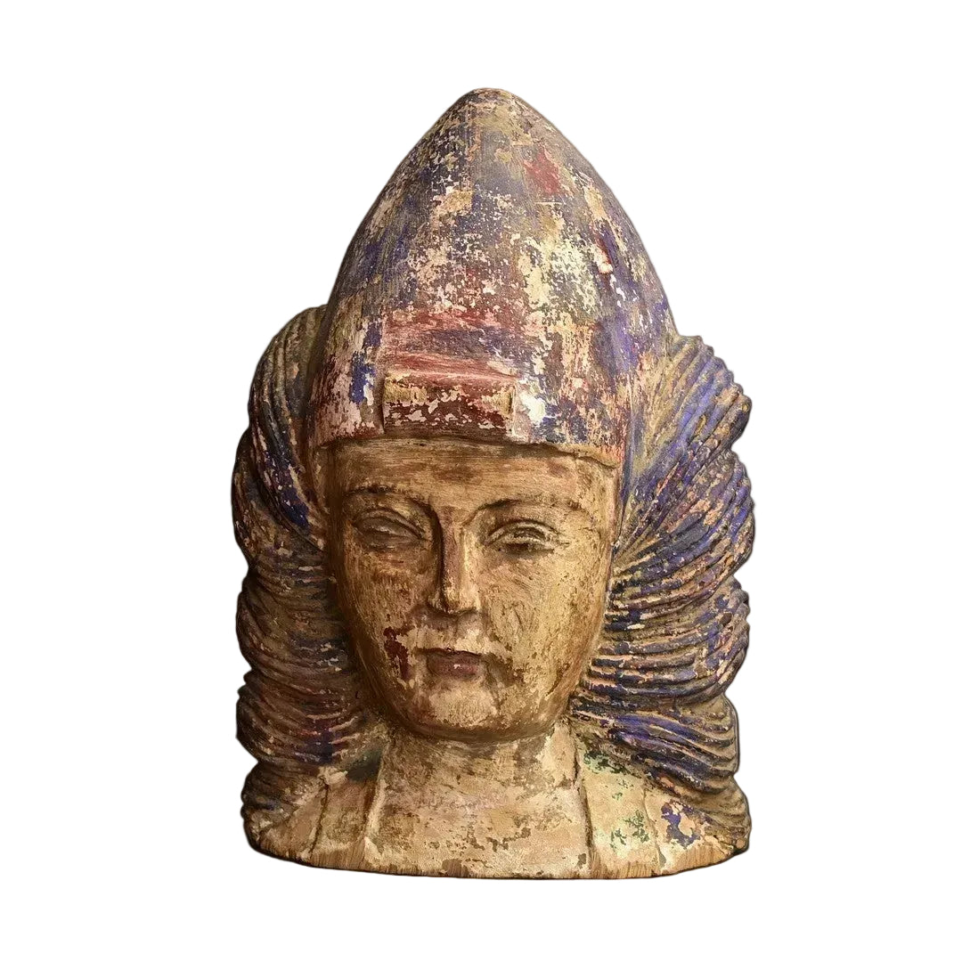 Central Asian Polychrome Wooden Head, 18th–19th Century on White Background.