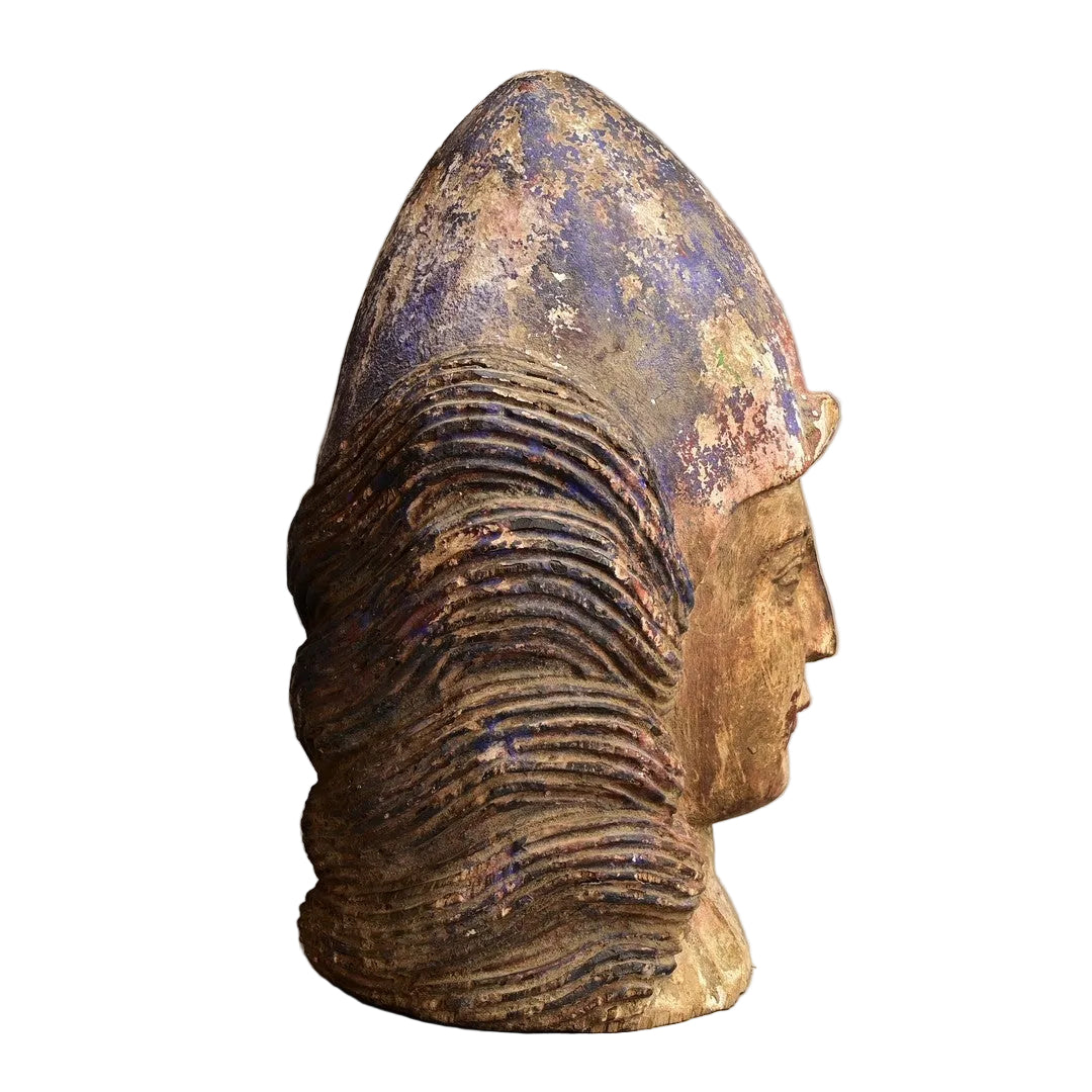 Central Asian Polychrome Wooden Head, 18th–19th Century on White Background.