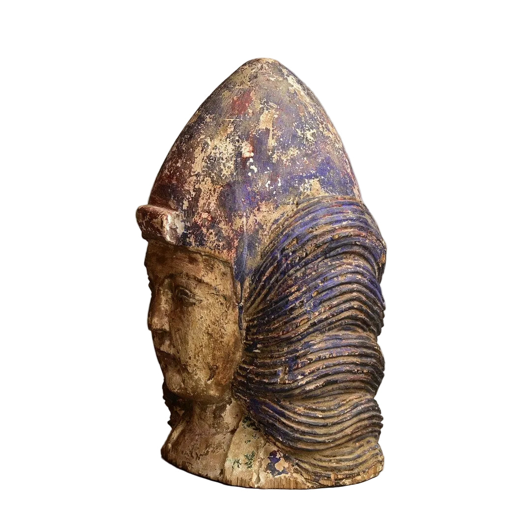 Central Asian Polychrome Wooden Head, 18th–19th Century on White Background.