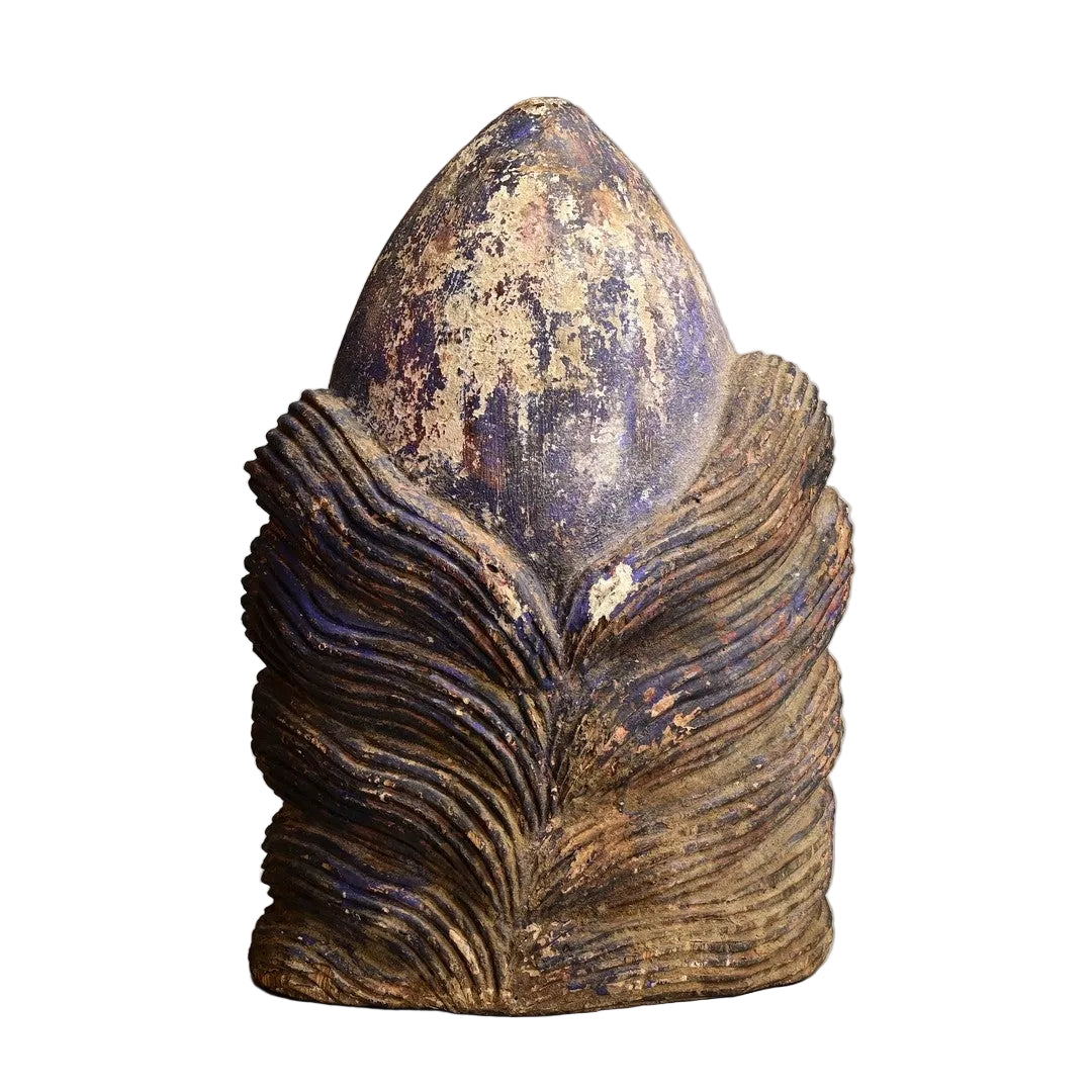 Central Asian Polychrome Wooden Head, 18th–19th Century on White Background.