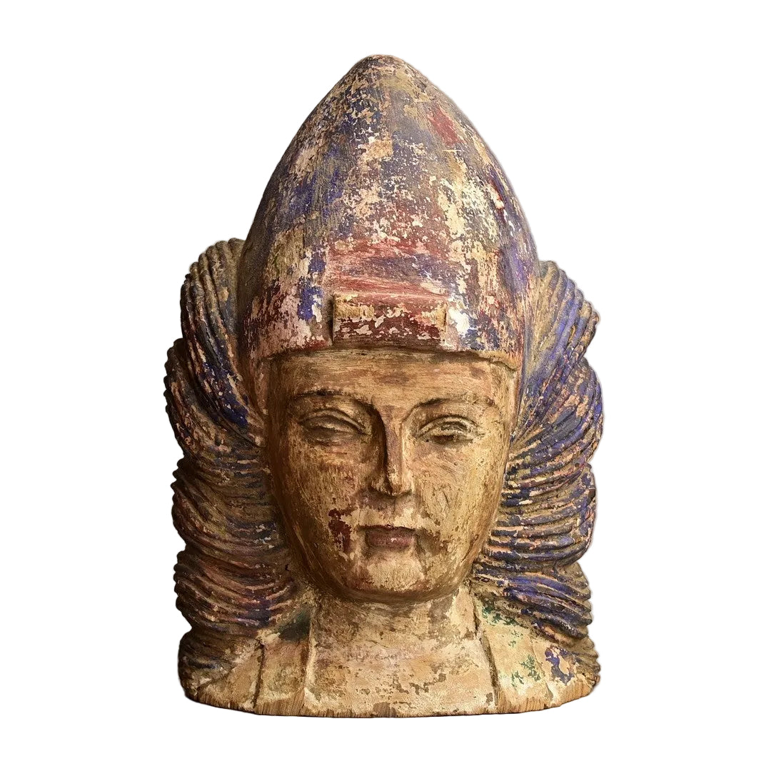Central Asian Polychrome Wooden Head, 18th–19th Century on White Background.