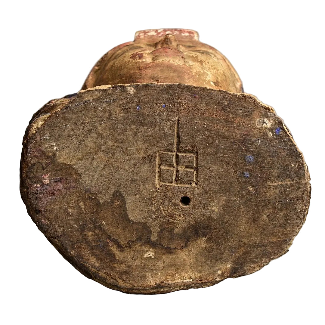 Central Asian Polychrome Wooden Head, 18th–19th Century on White Background.