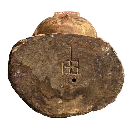 Central Asian Polychrome Wooden Head, 18th–19th Century on White Background.