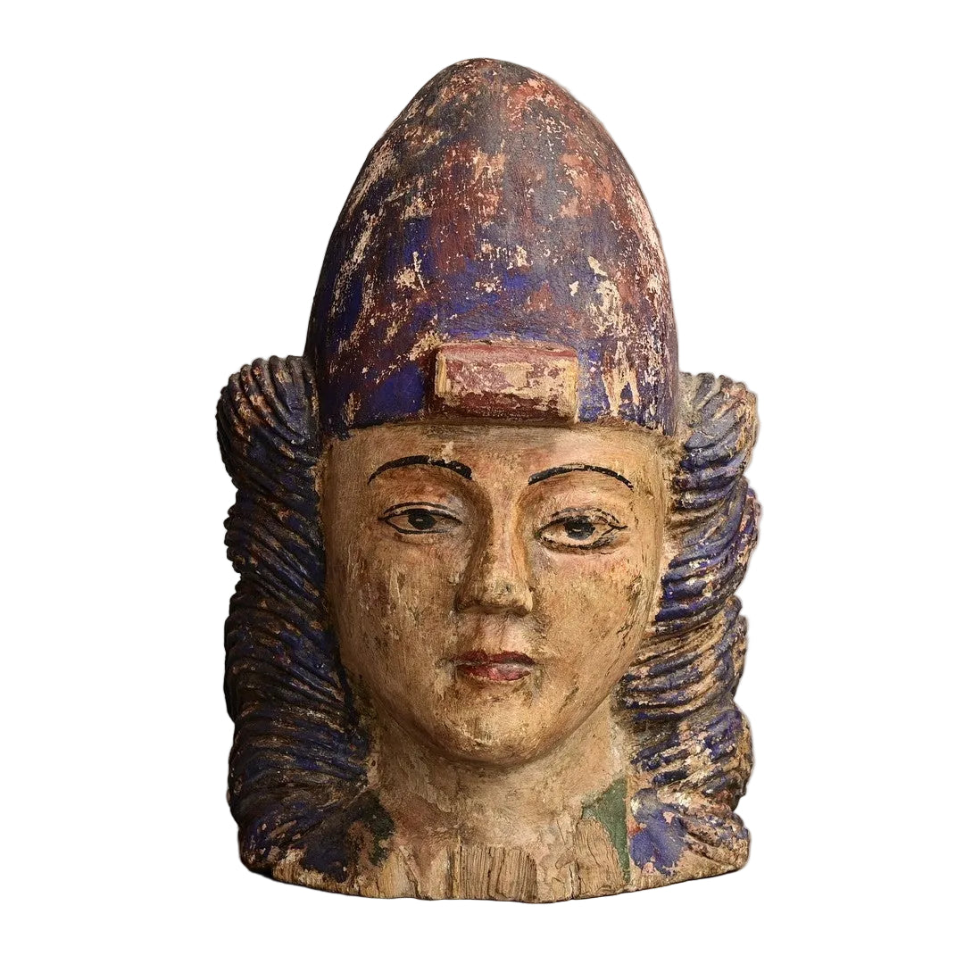 Central Asian Polychrome Wooden Head, 18th–19th Century on white background
