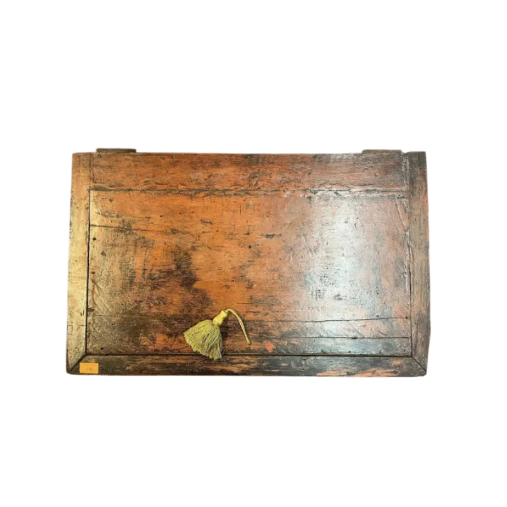 top surface with aged red lacquer and patina