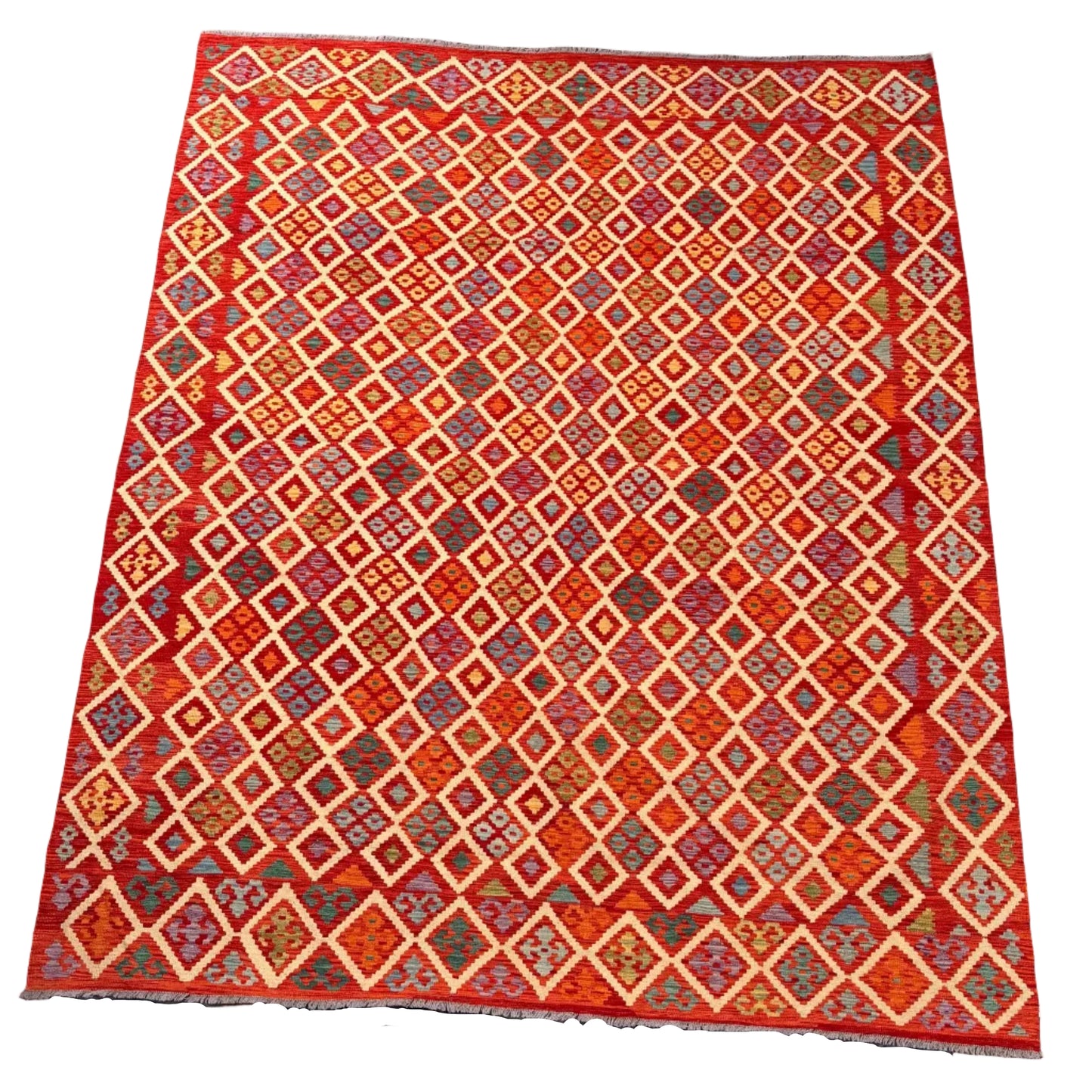 Large Afghan kilim rug 393 x 323 cm red diamond lattice design