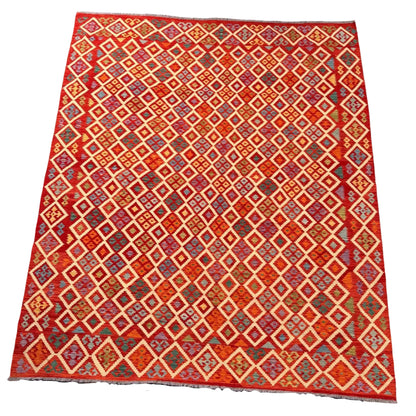 Large Afghan kilim rug 393 x 323 cm red diamond lattice design