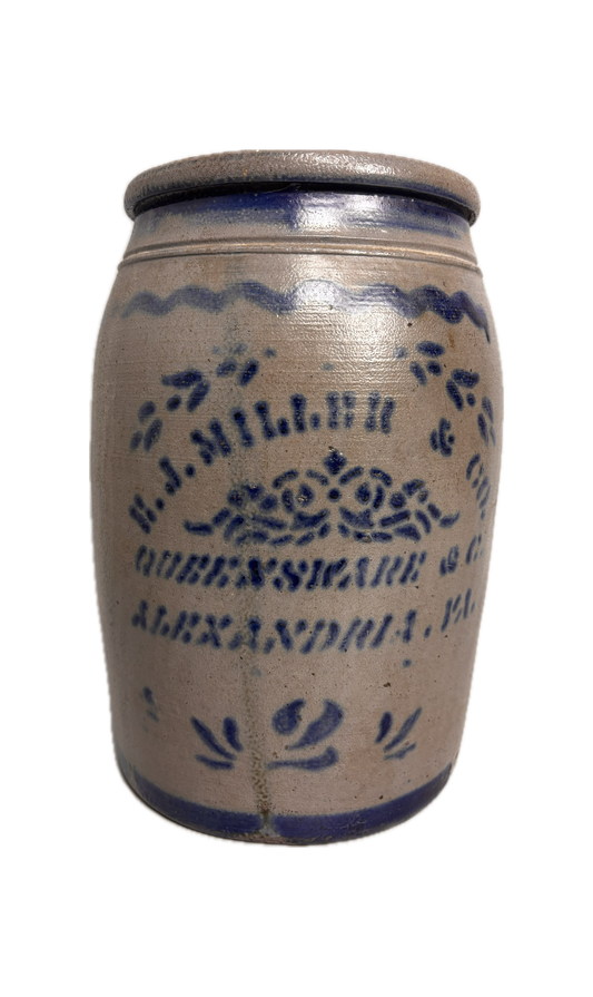 19th Century American Stoneware Advertising Jar 2 Gal. E. J. MILLER & CO. / ALEXANDRIA