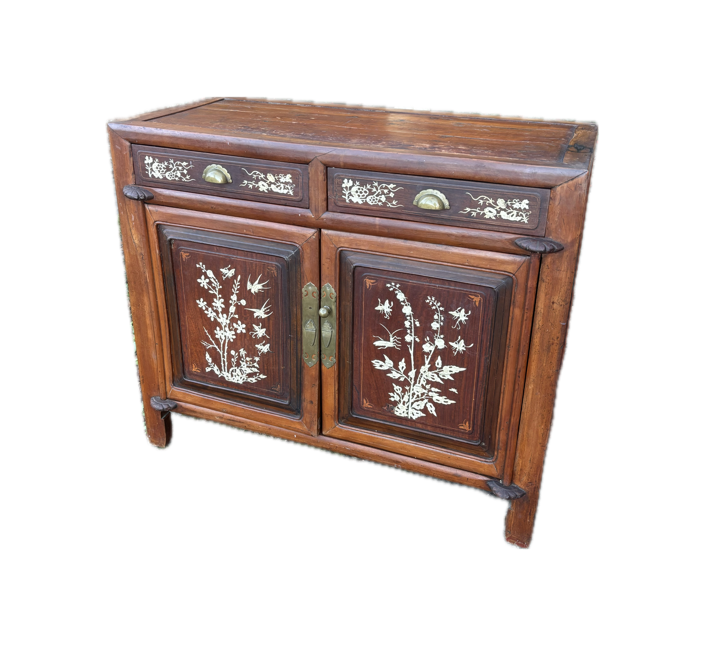 Chinese Bone-Inlaid Elm & Rosewood Cabinet on White Background