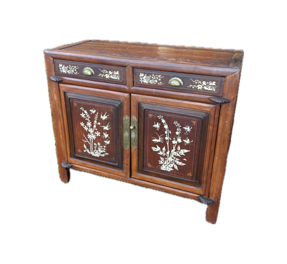 Chinese Bone-Inlaid Elm & Rosewood Cabinet on White Background