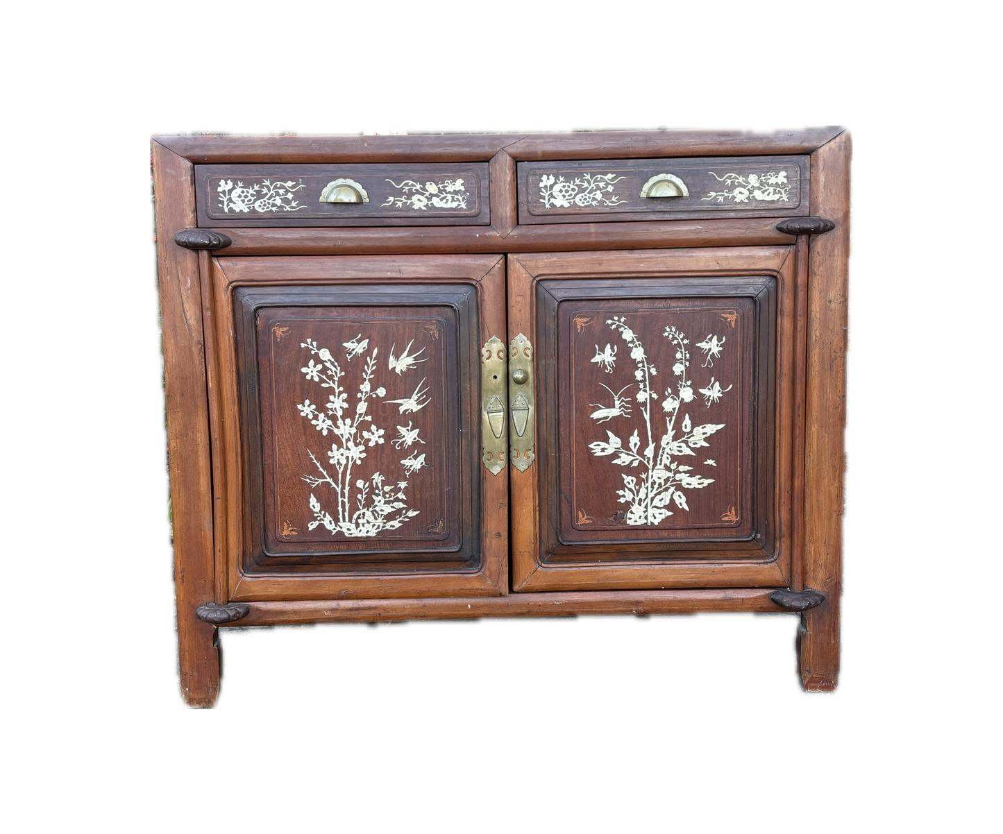 Chinese Bone-Inlaid Elm & Rosewood Cabinet on White Background