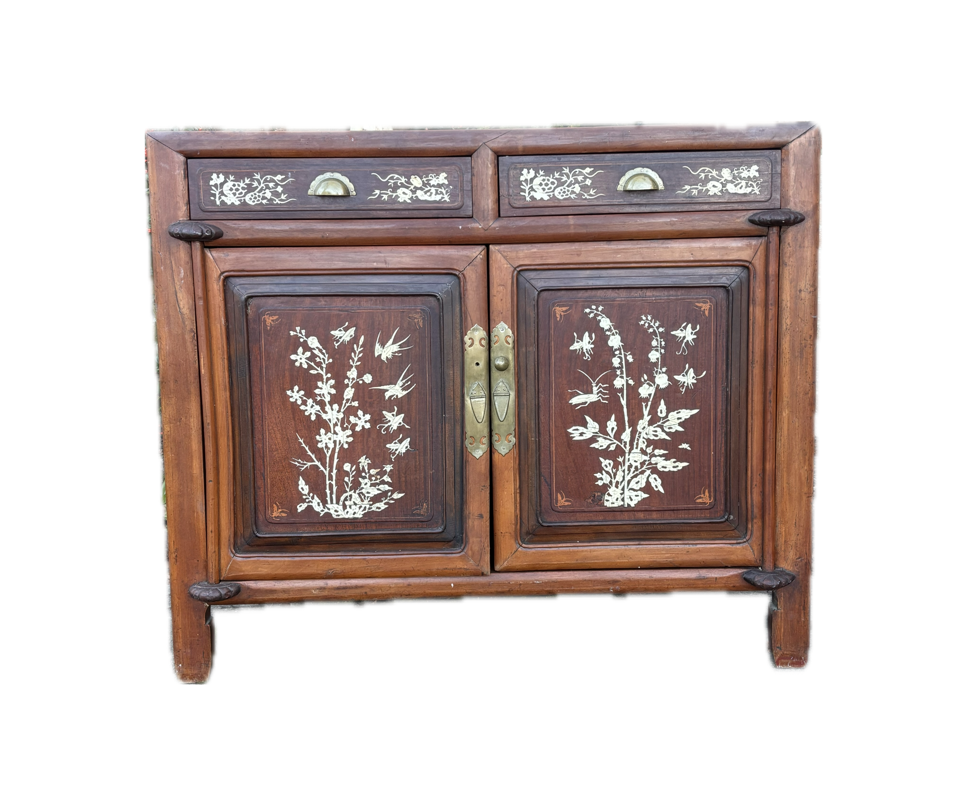 Chinese Bone-Inlaid Elm & Rosewood Cabinet on White Background