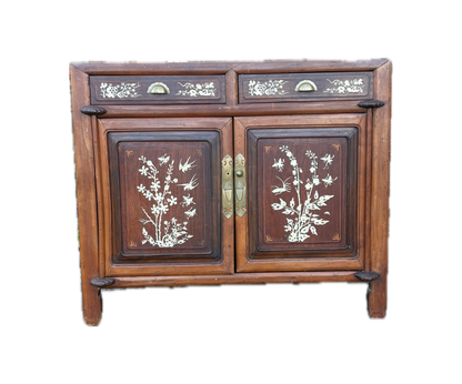 Chinese Bone-Inlaid Elm & Rosewood Cabinet on White Background