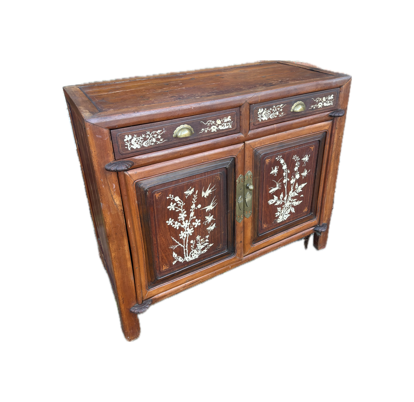Chinese Bone-Inlaid Elm & Rosewood Cabinet on White Background