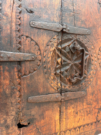 Early Swat–Kohistan Carved Dowry / Storage Box with Hand-Wrought Ironwork, c.1800–1850