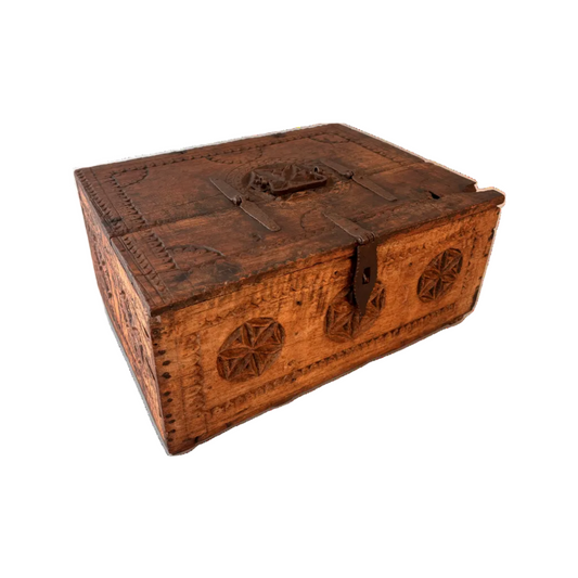 Early Swat–Kohistan carved wooden dowry/storage box with hand-wrought iron handle and strap hinges, Pakistan, c.1800–1850.