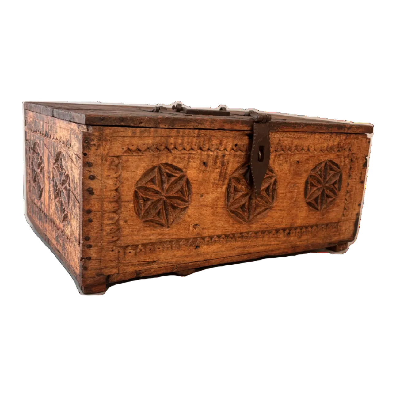 Antique Swat Valley carved wooden keepsake box with geometric star/rosette panels and ironwork, 39cm wide