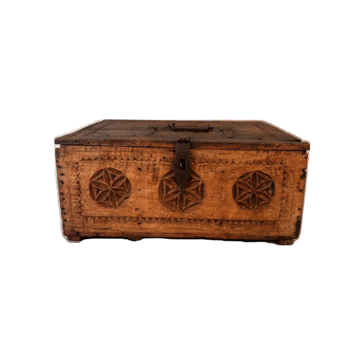 Antique Swat Valley carved wooden keepsake box with geometric star/rosette panels and ironwork, 39cm wide