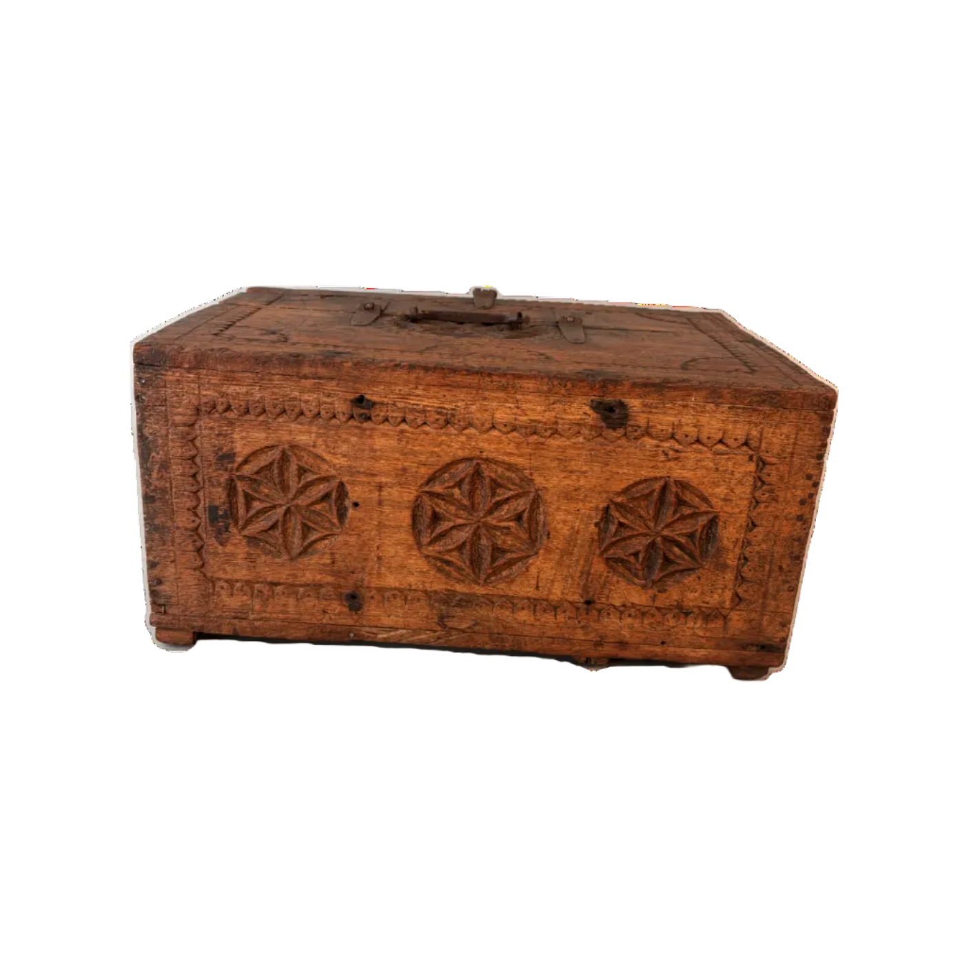 Antique Swat Valley carved wooden keepsake box with geometric star/rosette panels and ironwork, 39cm wide