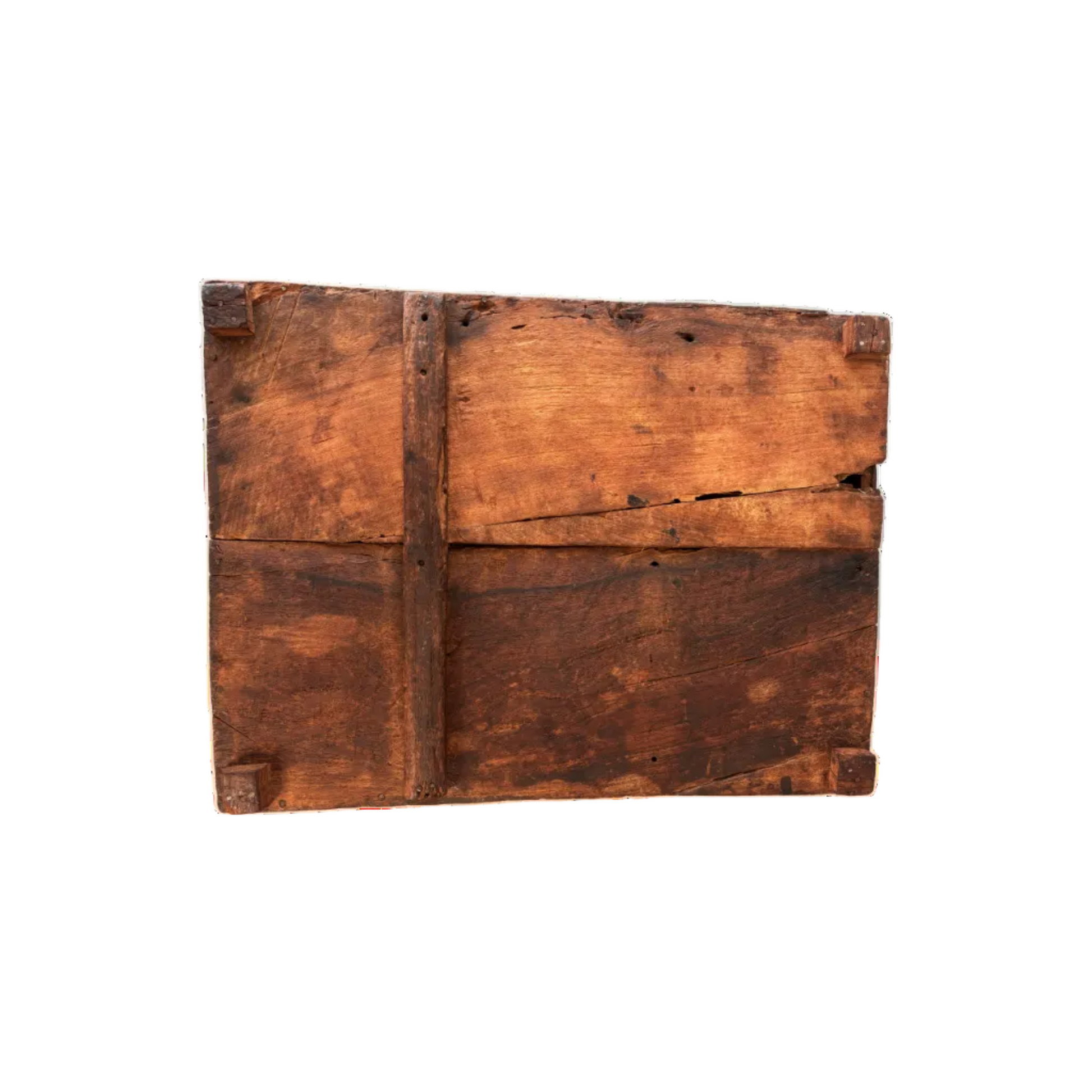 Bottom view of antique carved wooden dowry box with forged iron carry handle and oxidised strapwork