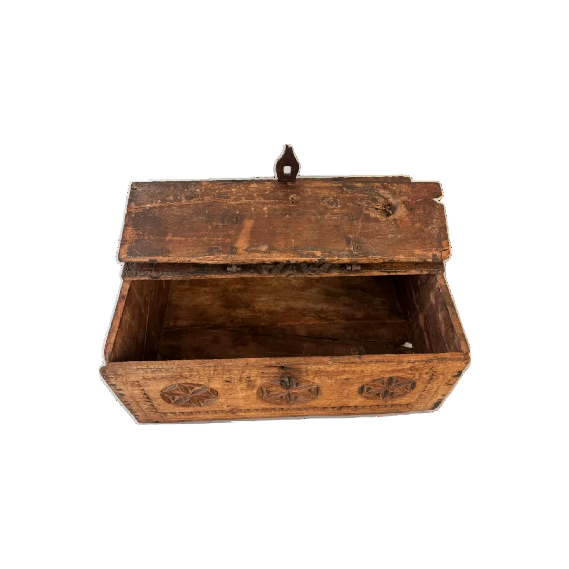 Top view of antique carved wooden dowry box with forged iron carry handle and oxidised strapwork