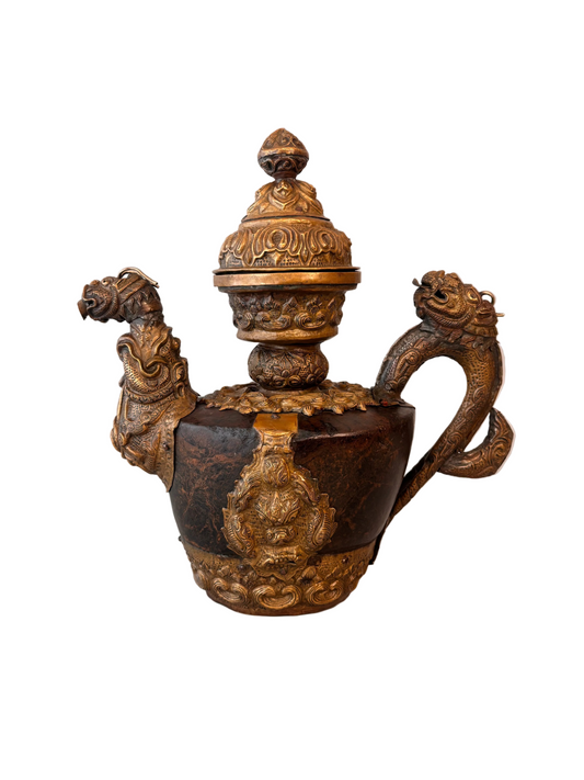 Himalayan hollowed stone teapot with brass repoussé mounts and dragon handles, Nepal/Tibet style, 36.5 cm
