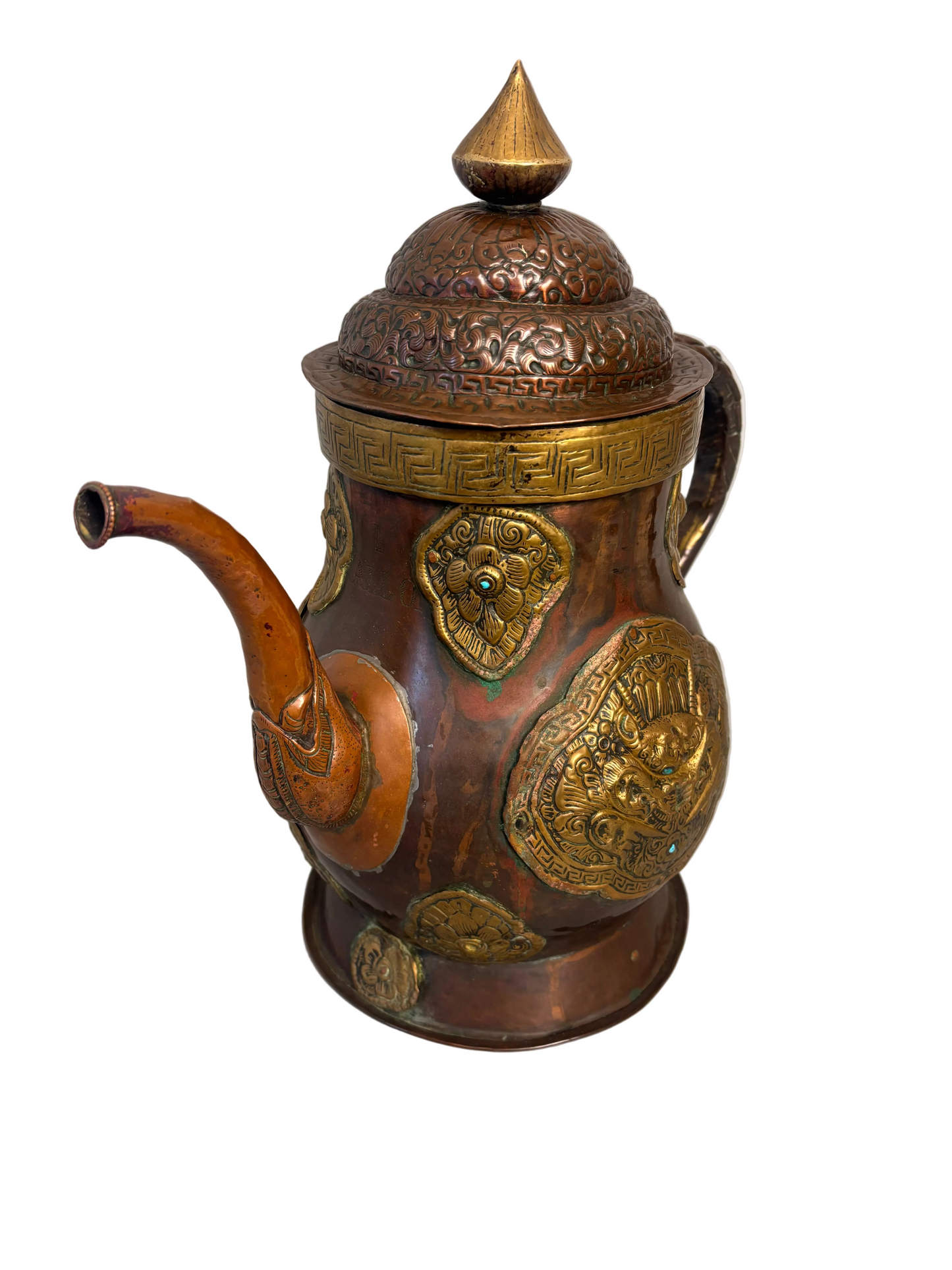 Copper and gilt-brass repoussé Sino-Tibetan style ewer with turquoise inlay and dragon mask medallion, domed lid and spout.