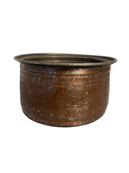 Large tinned copper vessel with stamped geometric bands and calligraphic cartouches, Ottoman/Qajar style, 32.5 cm diameter.