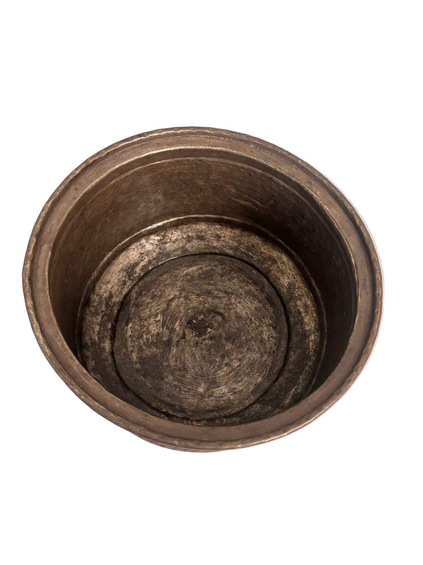 Large tinned copper vessel with stamped geometric bands and calligraphic cartouches, Ottoman/Qajar style, 32.5 cm diameter.