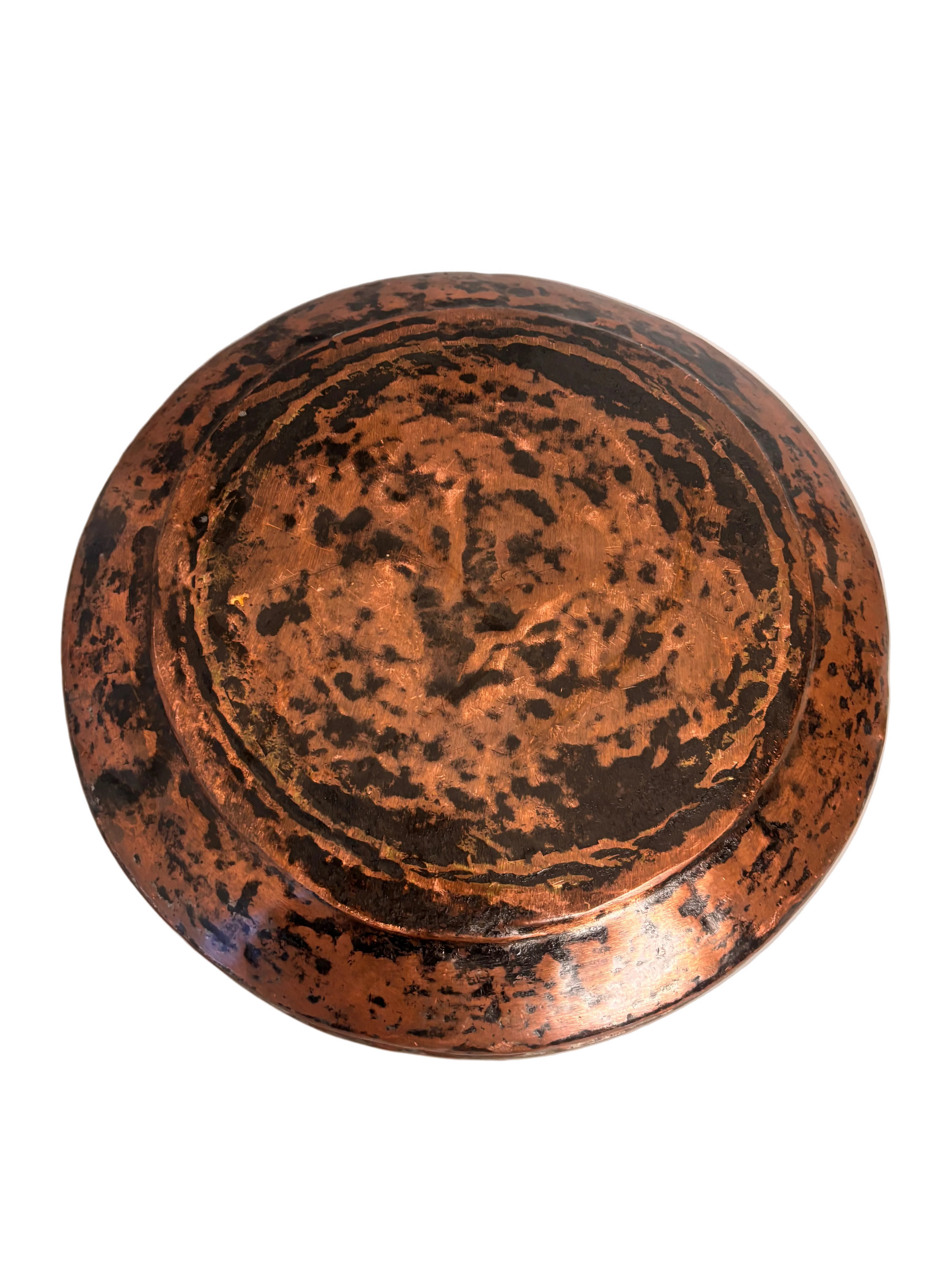 Large tinned copper vessel with stamped geometric bands and calligraphic cartouches, Ottoman/Qajar style, 32.5 cm diameter.