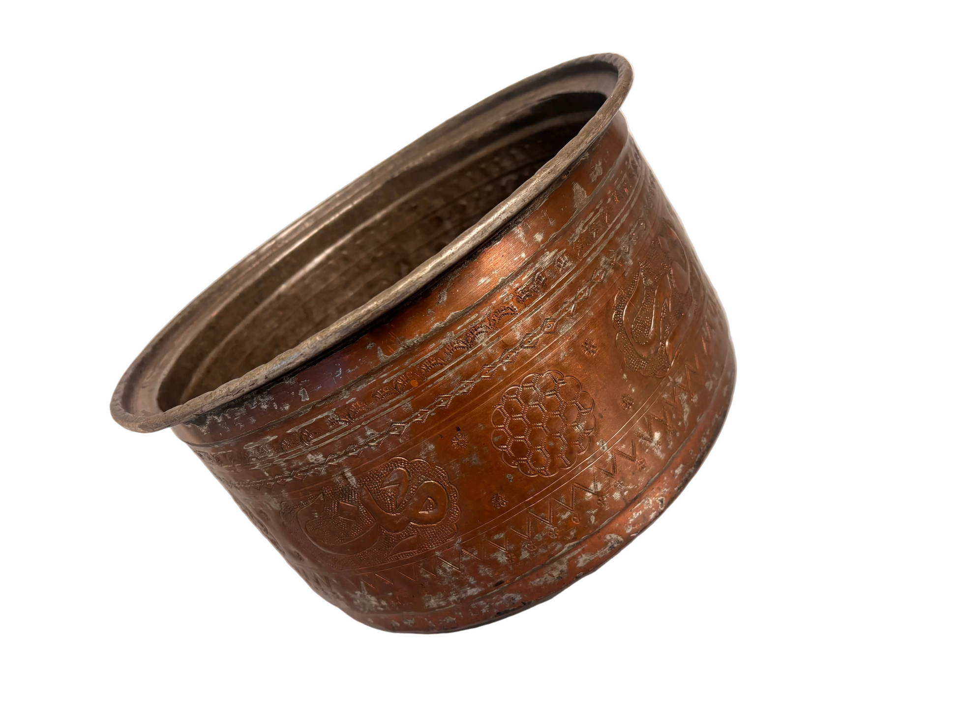 Large tinned copper vessel with stamped geometric bands and calligraphic cartouches, Ottoman/Qajar style, 32.5 cm diameter.