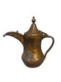 Antique Middle Eastern Bedouin brass dallah coffee pot with engraved decoration and domed lid