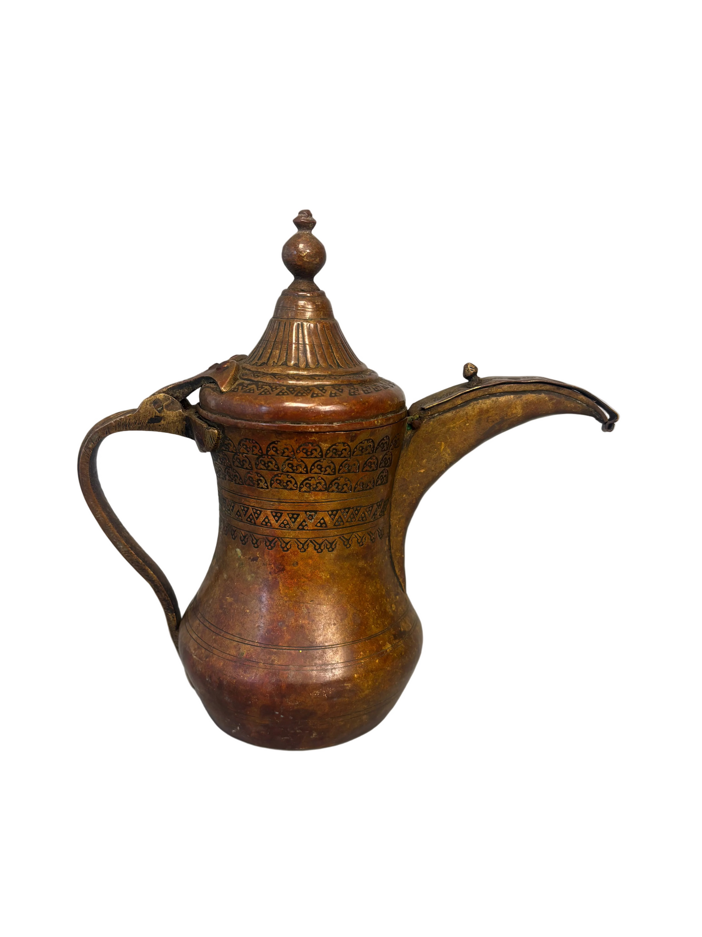 Antique Middle Eastern Bedouin brass dallah coffee pot with engraved decoration and domed lid