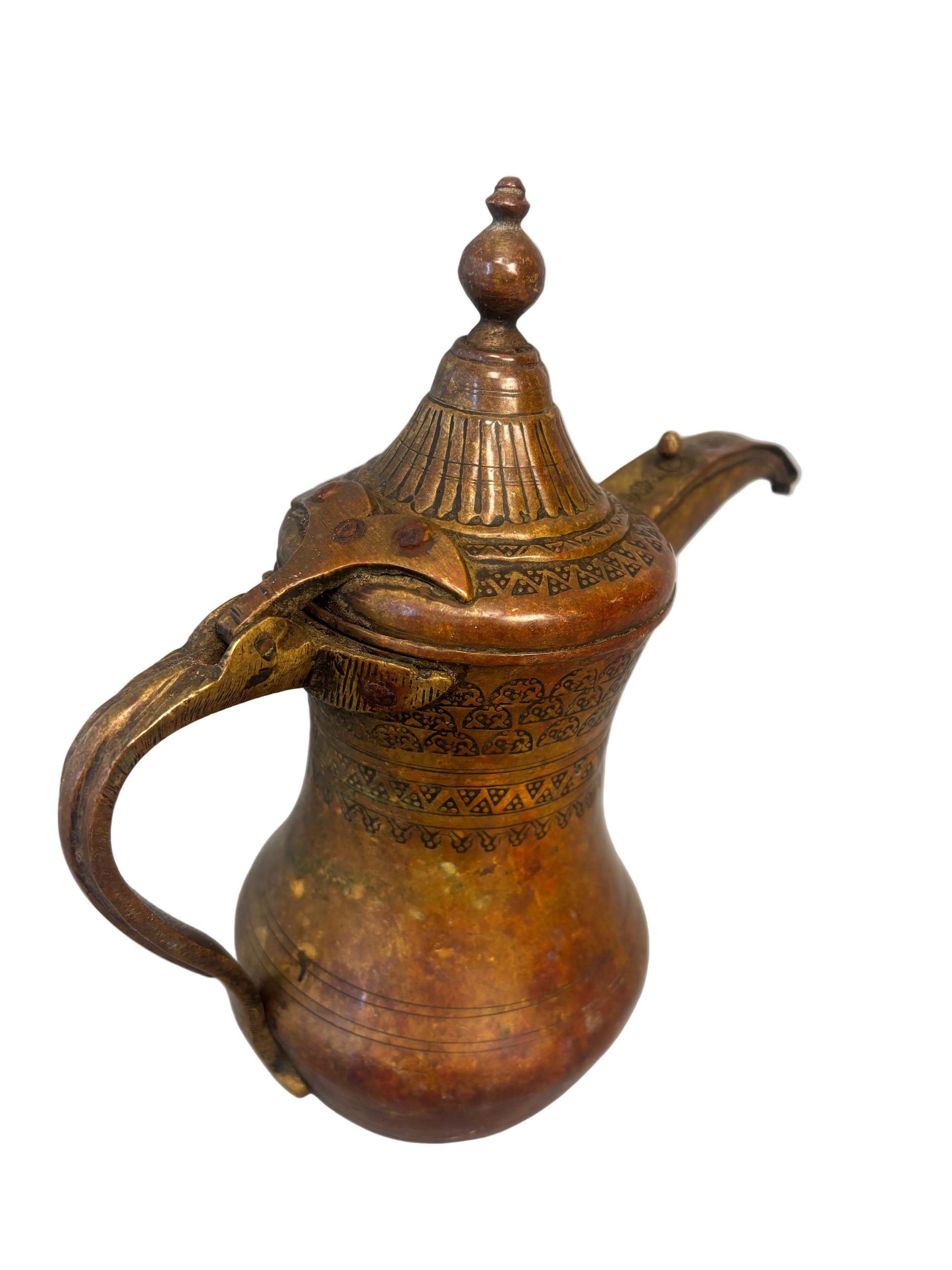 Antique Middle Eastern Bedouin brass dallah coffee pot with engraved decoration and domed lid