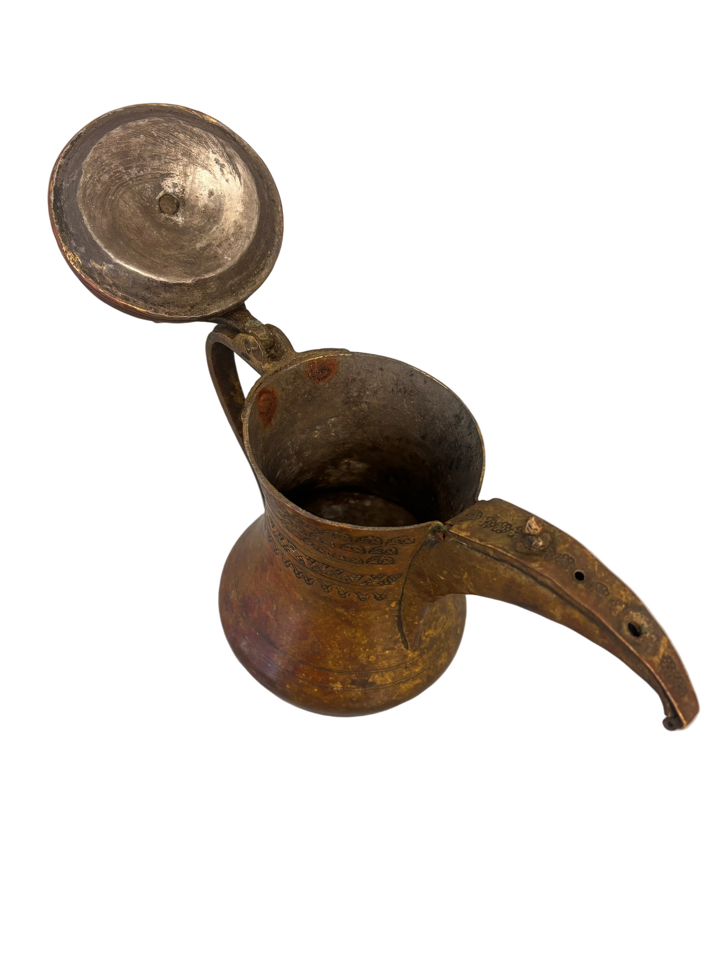 Antique Middle Eastern Bedouin brass dallah coffee pot with engraved decoration and domed lid