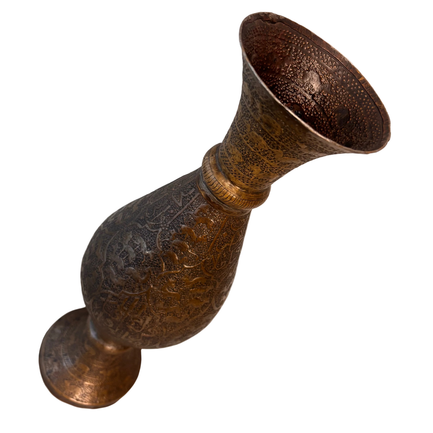 Late 19th century Persian Qajar brass vase with chased decoration and Farsi inscriptions