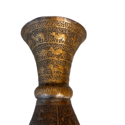 Top and neck profile view of Qajar period Iranian decorative brass vase