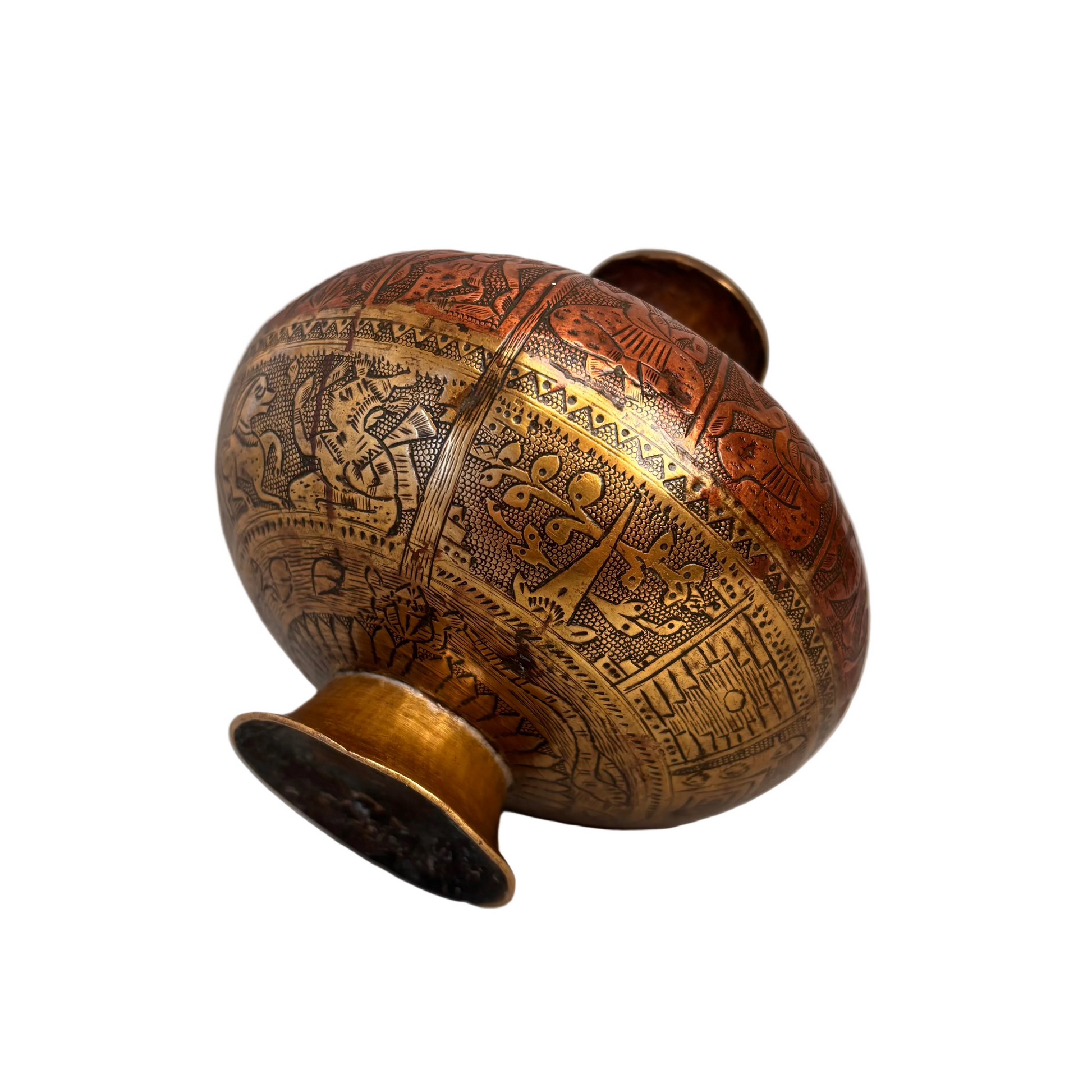 Engraved Indian chambu lota with figural decoration