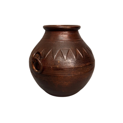 Antique Indian bronze lota water vessel with incised triangular decoration and aged patina
