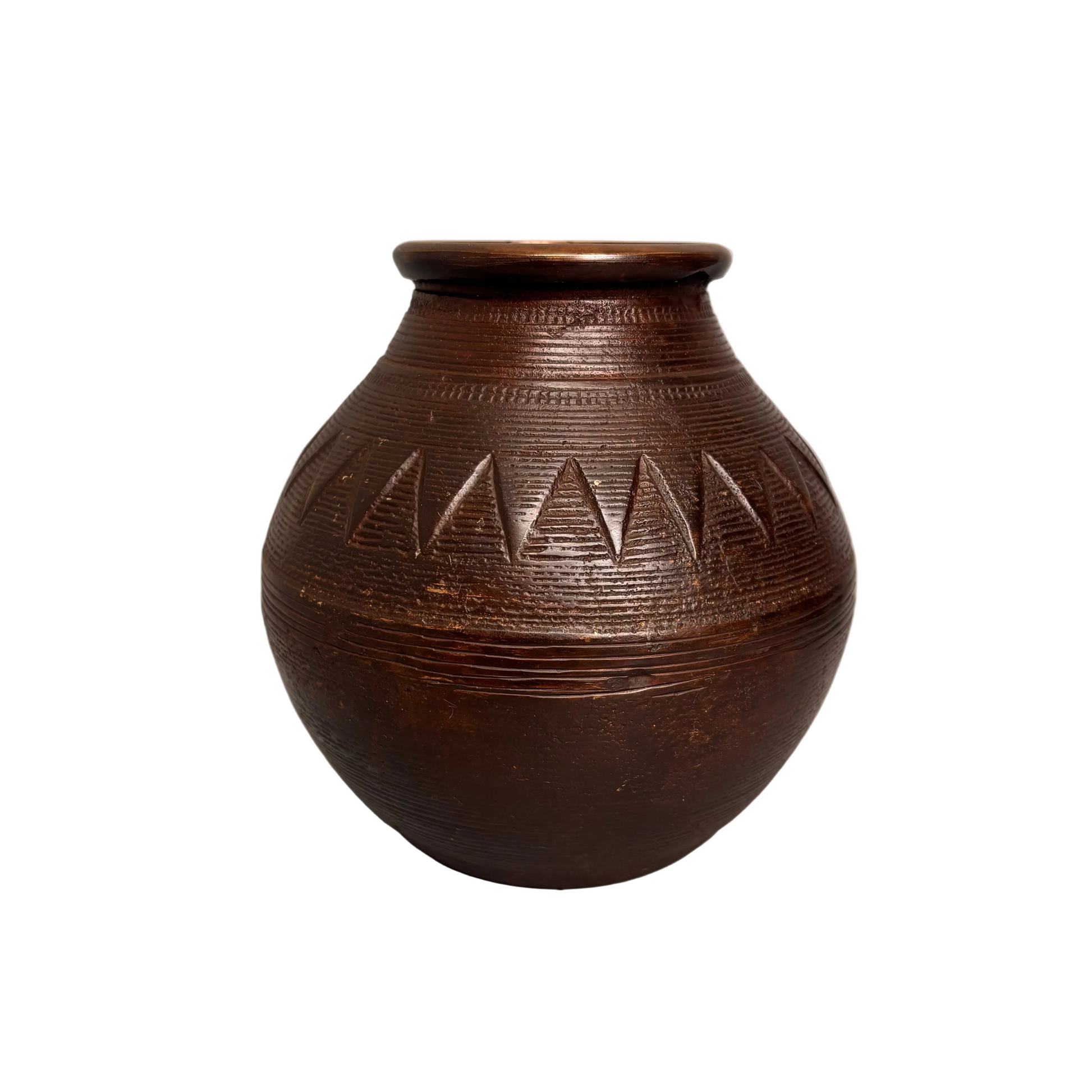 Antique Indian bronze lota water vessel with incised triangular decoration and aged patina