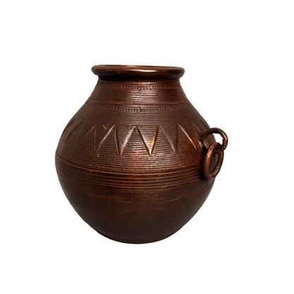 Antique Indian bronze lota water vessel with incised triangular decoration and aged patina