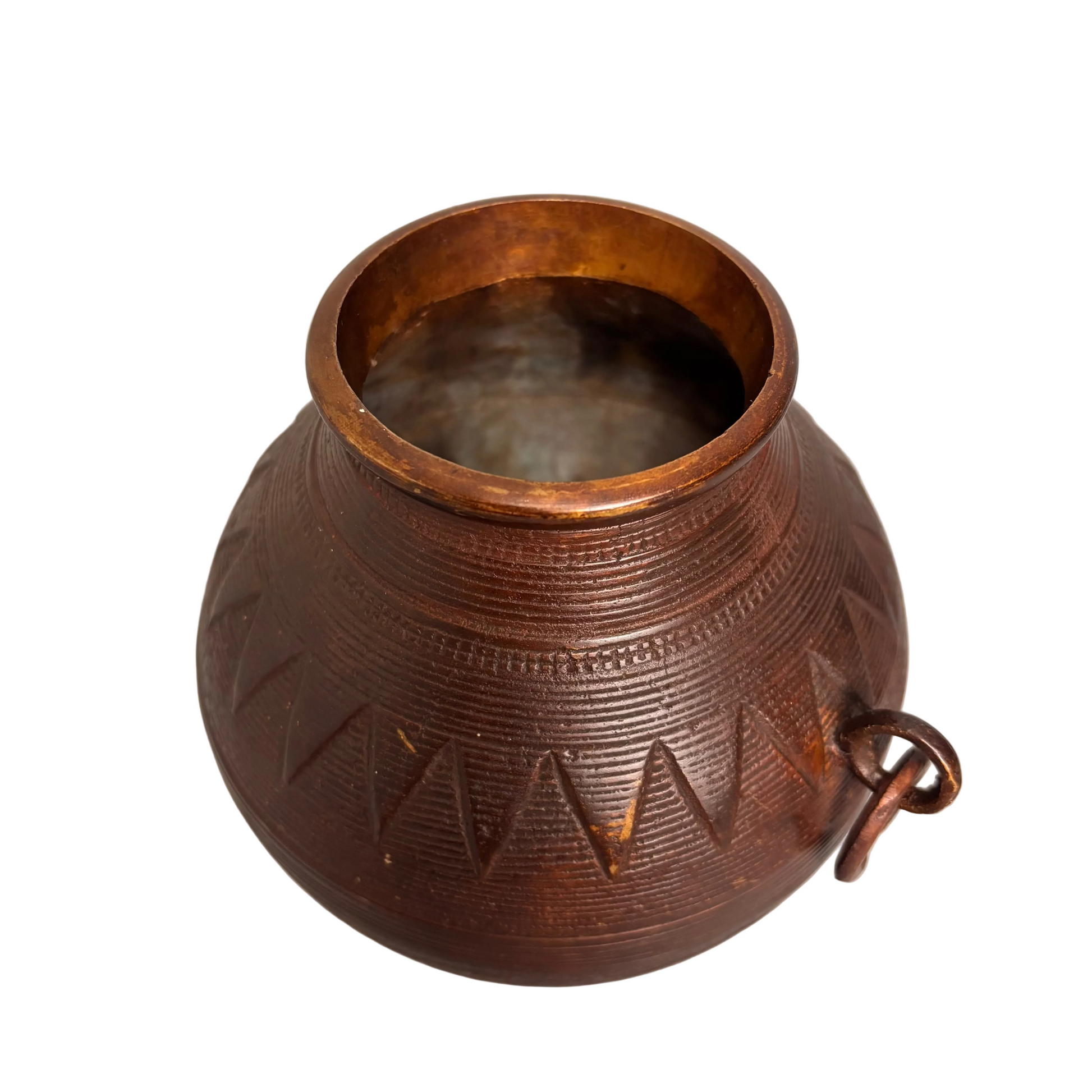 Antique Indian bronze lota water vessel with incised triangular decoration and aged patina