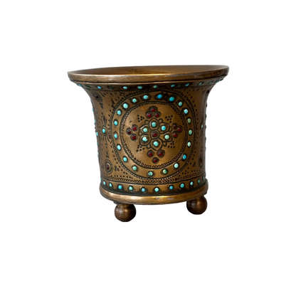 Persian brass shisha cup with turquoise and garnet inlay, late 19th century Iranian metalwork