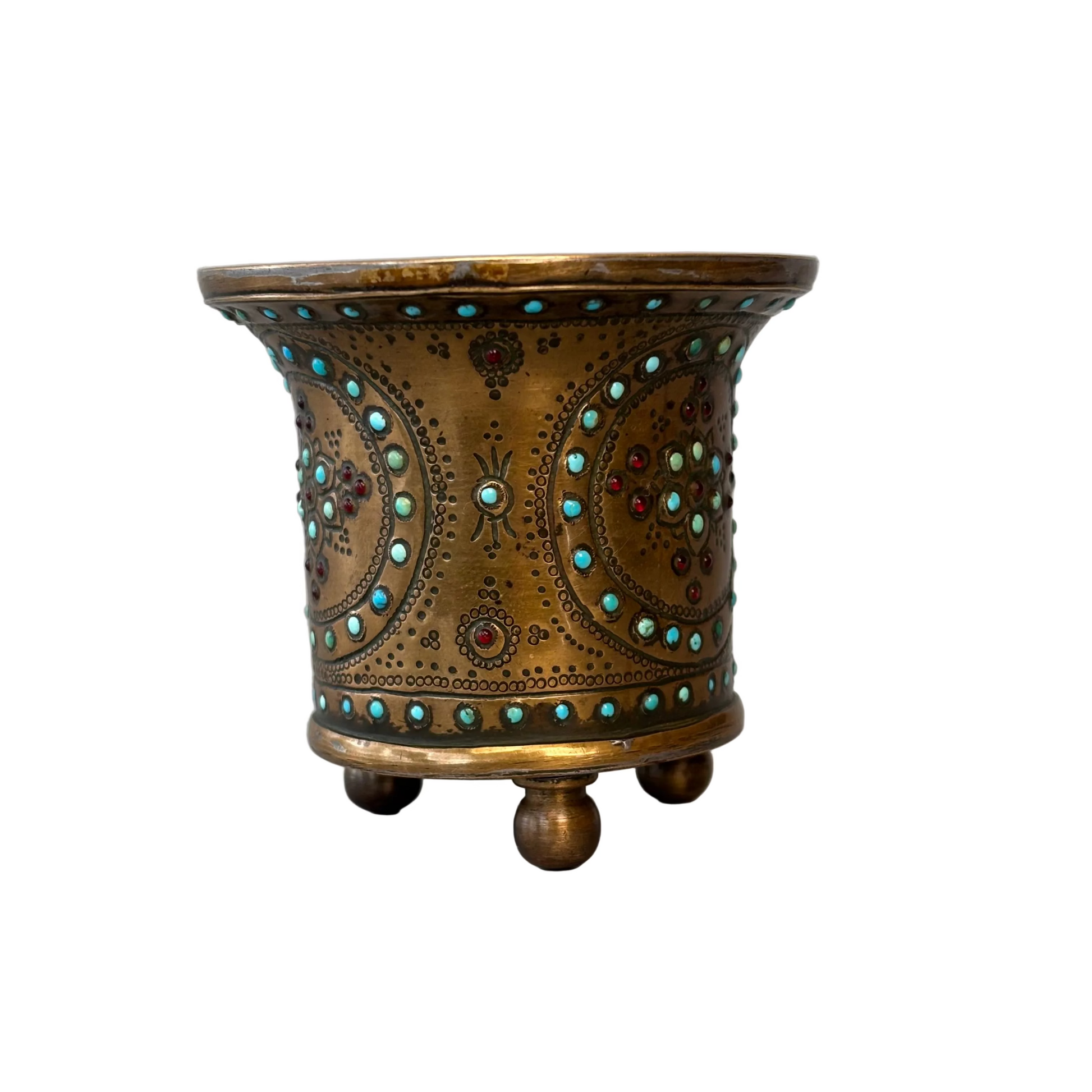 Persian brass shisha cup with turquoise and garnet inlay, late 19th century Iranian metalwork