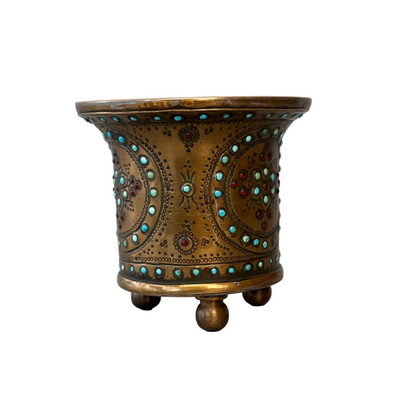Persian brass shisha cup with turquoise and garnet inlay, late 19th century Iranian metalwork
