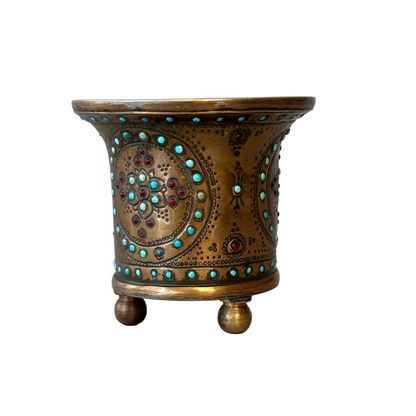 Persian brass shisha cup with turquoise and garnet inlay, late 19th century Iranian metalwork