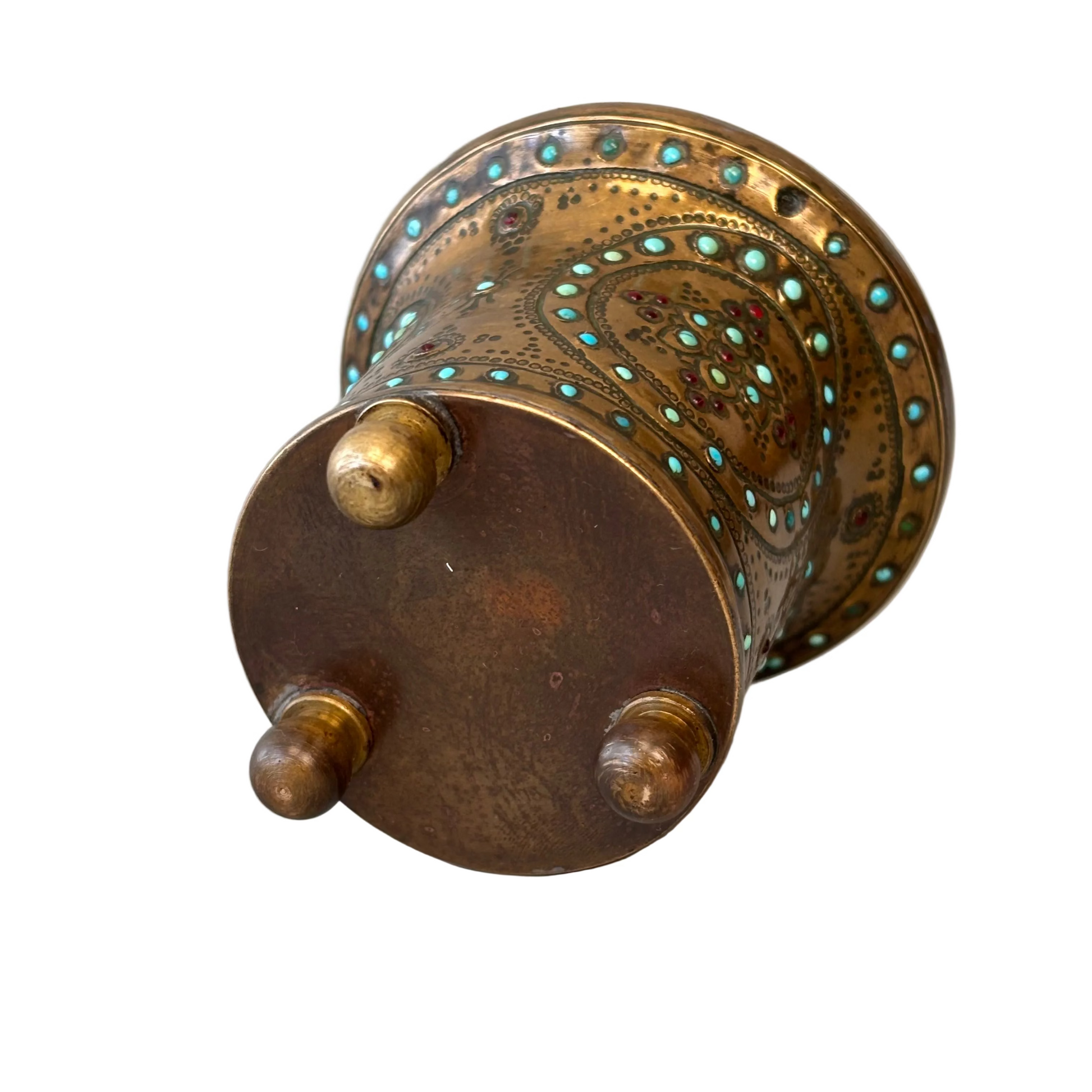 Persian brass shisha cup with turquoise and garnet inlay, late 19th century Iranian metalwork